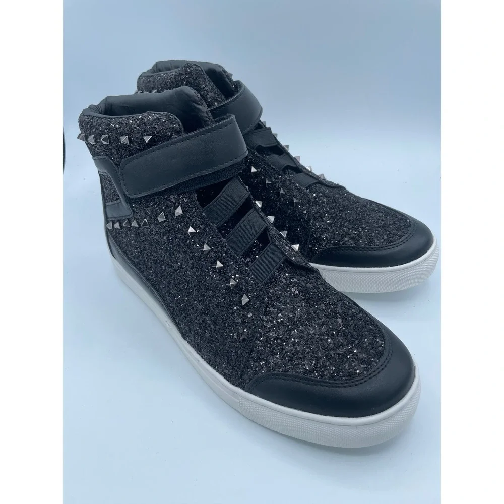 Faranzi Jeremy‎ Mens 9.5 Black Glitter Studded High Top Sneakers F41607 New